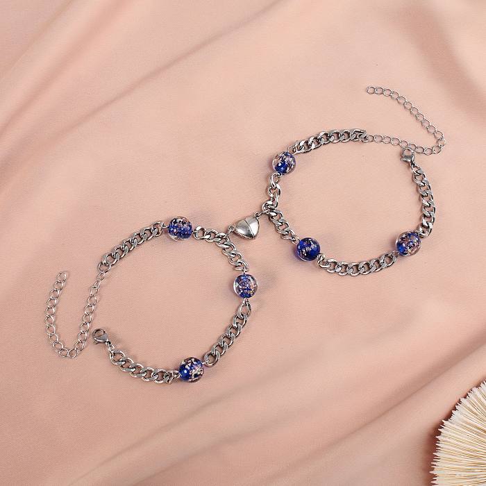 Bracelet de Couple avec perles lumineuses simples, chaîne en acier inoxydable, aimant en forme de cœur