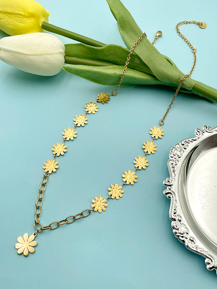 Princesse mignon style simple fleur en acier inoxydable émail plaqué collier pendentif plaqué or