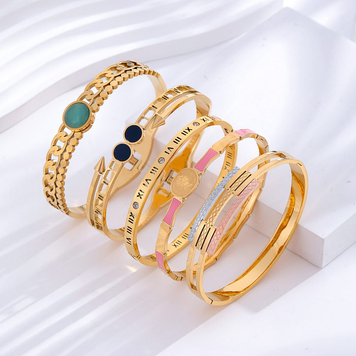 Simple Style Classic Style Human Round Number Titanium Steel Epoxy Plating Inlay Opal Zircon 24K Gold Plated Bangle