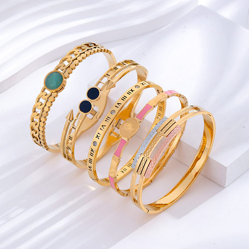 Simple Style Classic Style Human Round Number Titanium Steel Epoxy Plating Inlay Opal Zircon 24K Gold Plated Bangle