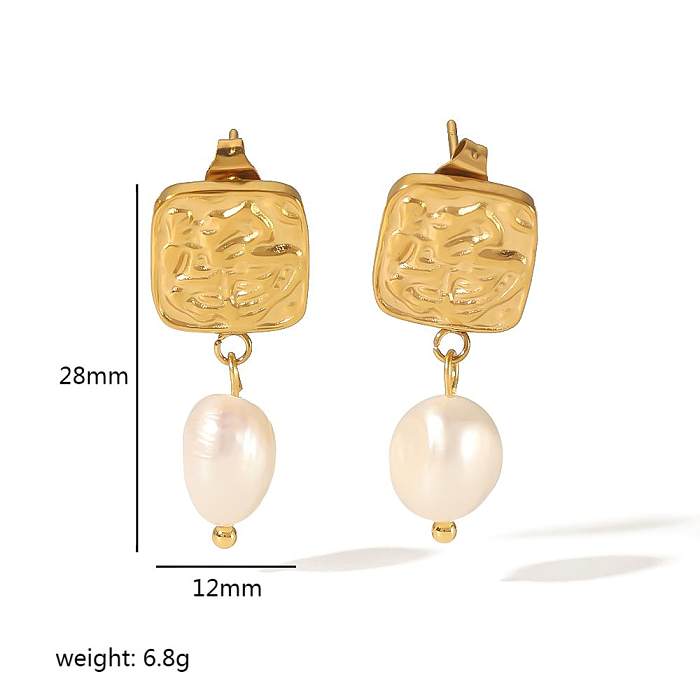 1 Pair Simple Style Streetwear Square Polishing Plating Stainless Steel  Freshwater Pearl 18K Gold Plated Drop Earrings