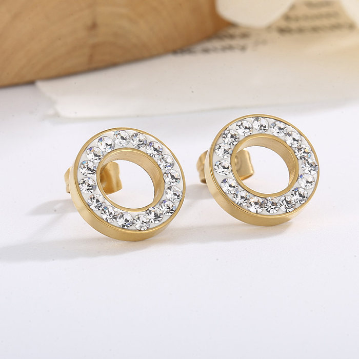 1 par de pendientes de diamantes de imitación de cristal de acero inoxidable con incrustaciones de Color sólido redondos de estilo Simple