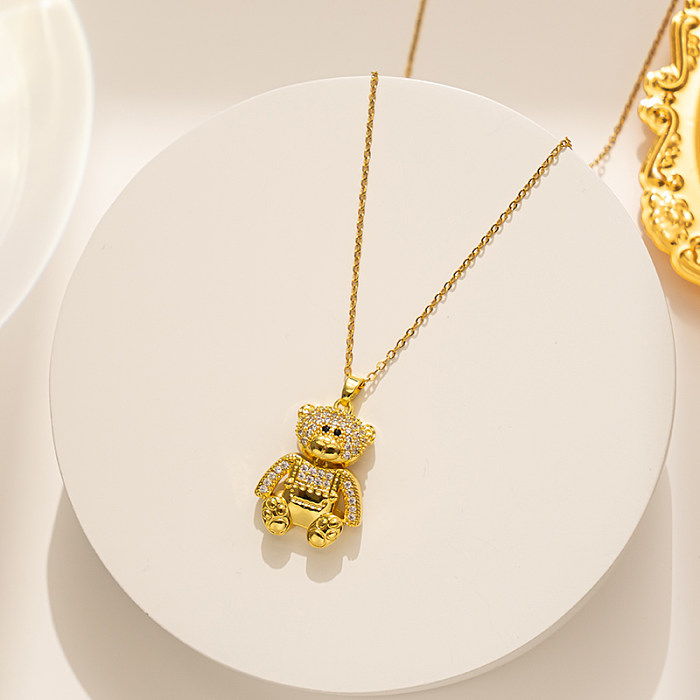 Cute Bear Stainless Steel  Plating Inlay Zircon 18K Gold Plated Necklace