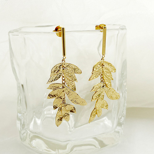 1 paire de boucles d'oreilles pendantes en acier inoxydable plaqué or, Style Vintage, feuilles plaquées