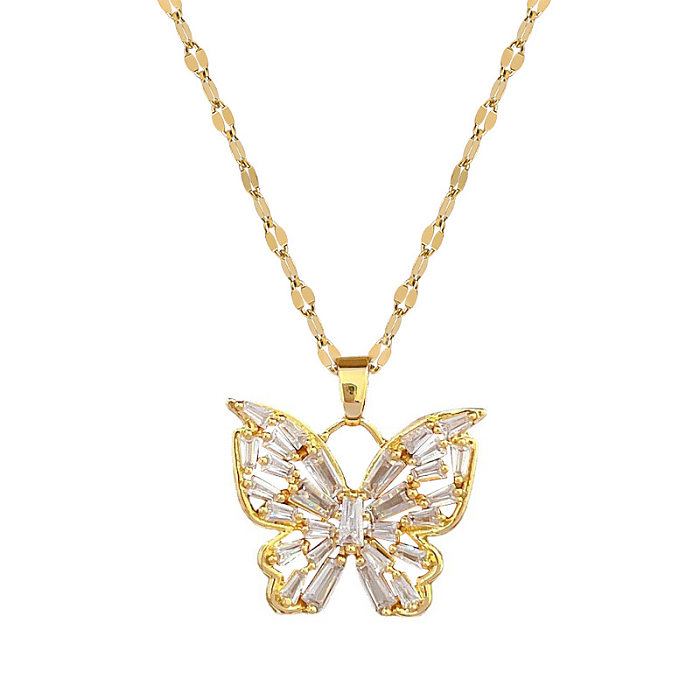 Wholesale Elegant Butterfly Stainless Steel  Copper Zircon Pendant Necklace