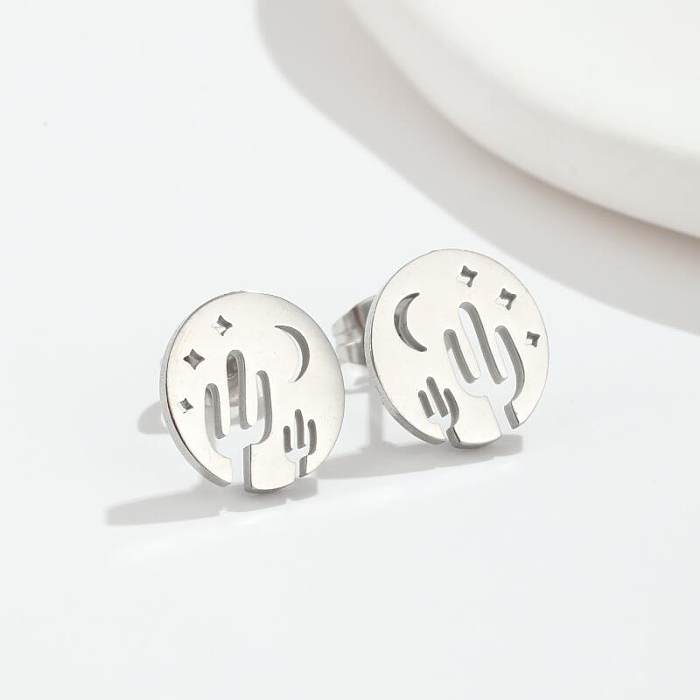 Simple Style Cactus Star Moon Stainless Steel  Plating Hollow Out Ear Studs 1 Pair