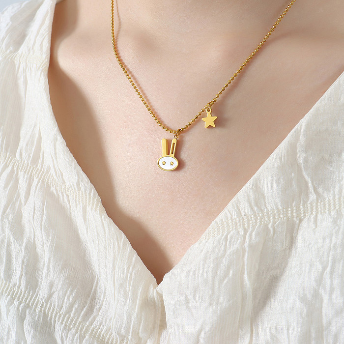 Sweet Rabbit Star Stainless Steel Plating Inlay Shell 18K Gold Plated Pendant Necklace