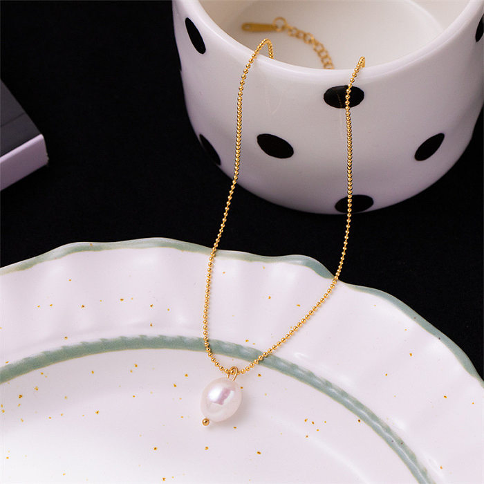 Lady Geometric Imitation Pearl Stainless Steel Pendant Necklace
