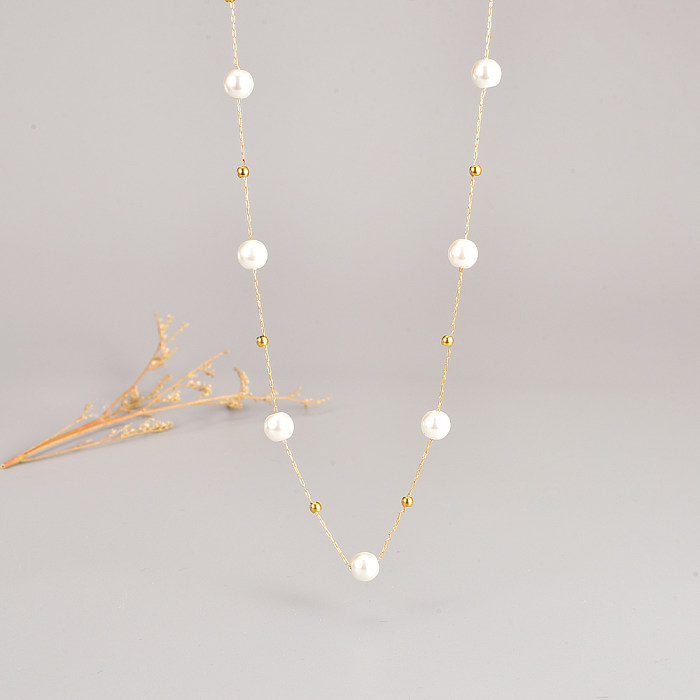 Women'S Elegant Geometric Stainless Steel Necklace Beaded Pearl Stainless Steel  Necklaces