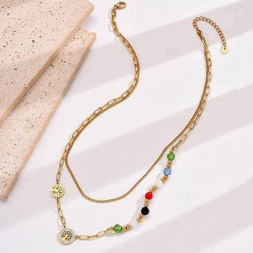 Vacation Tree Edelstahl-Perlenbeschichtung, Intarsien, Strasssteine, Glassteine, 14-karätig vergoldete, mehrschichtige Halsketten