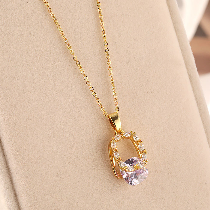 Elegant Square Stainless Steel  Stainless Steel Plating Inlay Zircon 18K Gold Plated Gold Plated Pendant Necklace