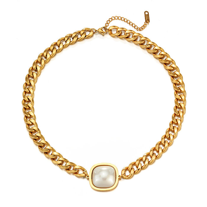 Collar de perlas artificiales bañadas en oro de acero inoxidable cuadrado Hip-Hop