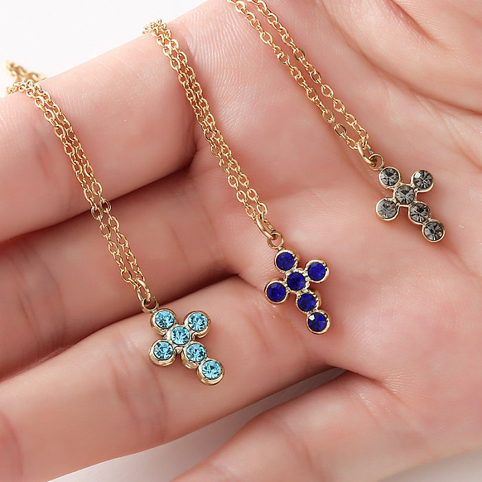 Simple Style Cross Stainless Steel  Stainless Steel Plating Inlay Rhinestones Pendant Necklace 1 Piece