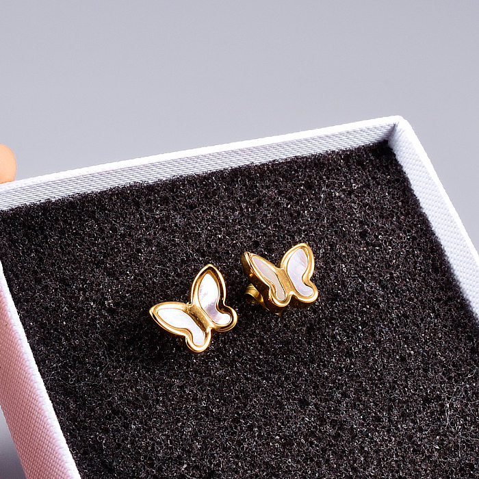 Clous d'oreilles en forme de papillon, 1 paire, avec incrustation de placage en acier inoxydable, à la mode