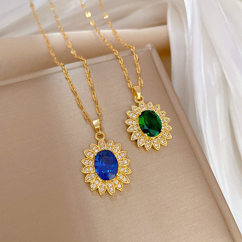 Fashion Flower Stainless Steel Copper Plating Inlay Zircon Pendant Necklace
