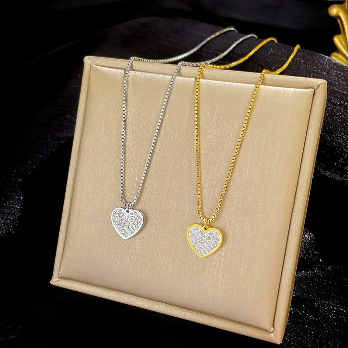 Modische Halskette mit Anhänger in Herzform aus Edelstahl mit eingelegtem Zirkon, 1 Stück