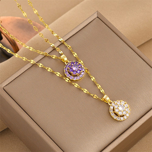Simple Style Round Stainless Steel Inlay Rhinestones Pendant Necklace