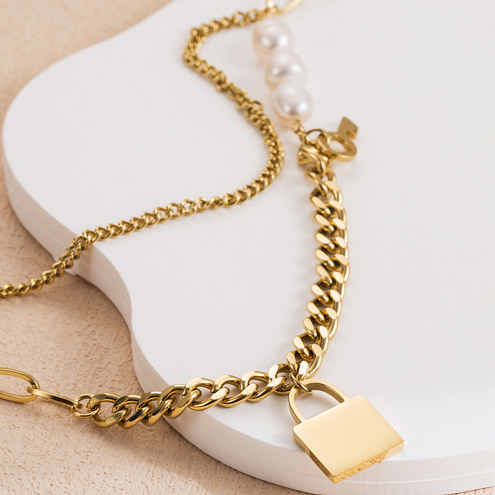Retro Simple Style Lock Stainless Steel  Polishing Plating 18K Gold Plated Double Layer Necklaces