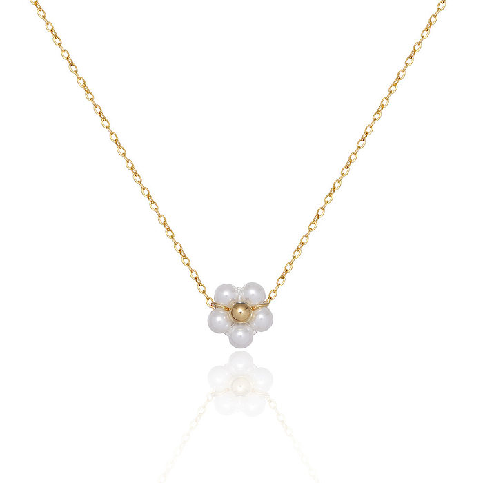 Collier pendentif plaqué or 18 carats avec perles de verre en acier inoxydable à fleurs rétro