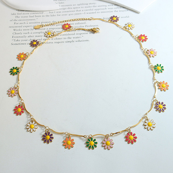 Retro Flower Stainless Steel Enamel Gold Plated Pendant Necklace 1 Piece