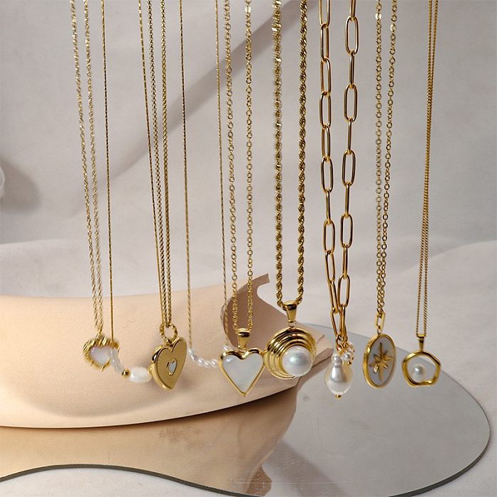 Collier pendentif rond ovale en forme de cœur, en acier inoxydable, Imitation de perles, incrustation de coquille, plaqué or 18 carats, Style IG