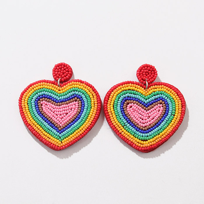 1 par de pendientes colgantes de tela con cuentas de acero inoxidable con forma de corazón arcoíris artístico dulce informal