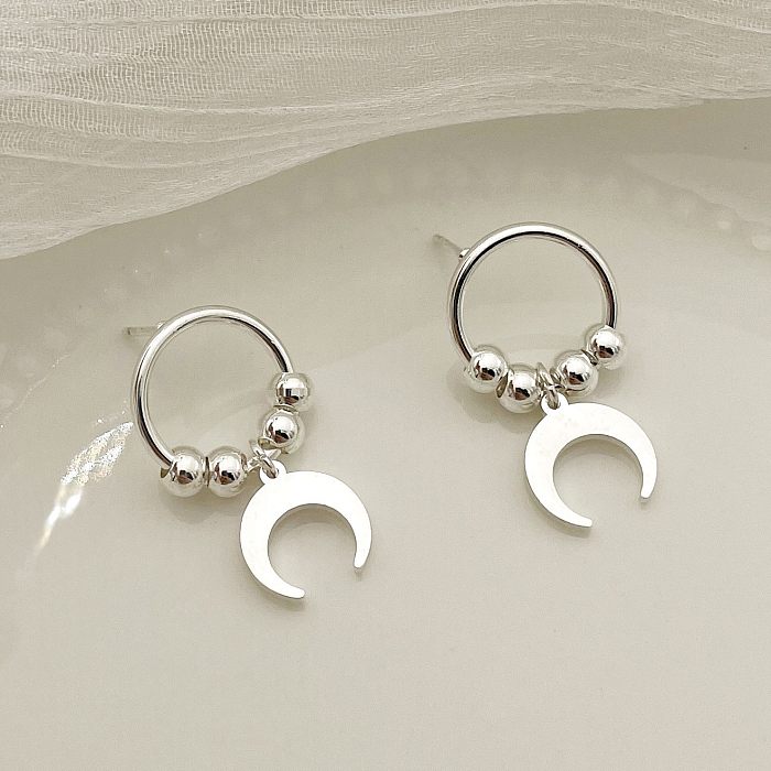 1 Pair Retro Moon Stainless Steel  Beaded Drop Earrings