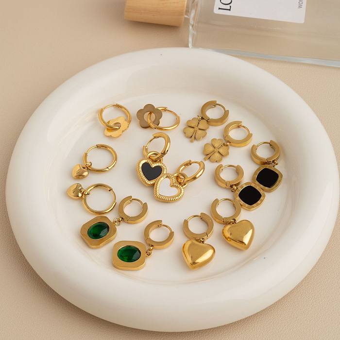 Boucles d'oreilles en forme de cœur et de lettres rondes, Style Simple, incrustation en acier inoxydable, pierres précieuses artificielles, perles en résine, 1 paire