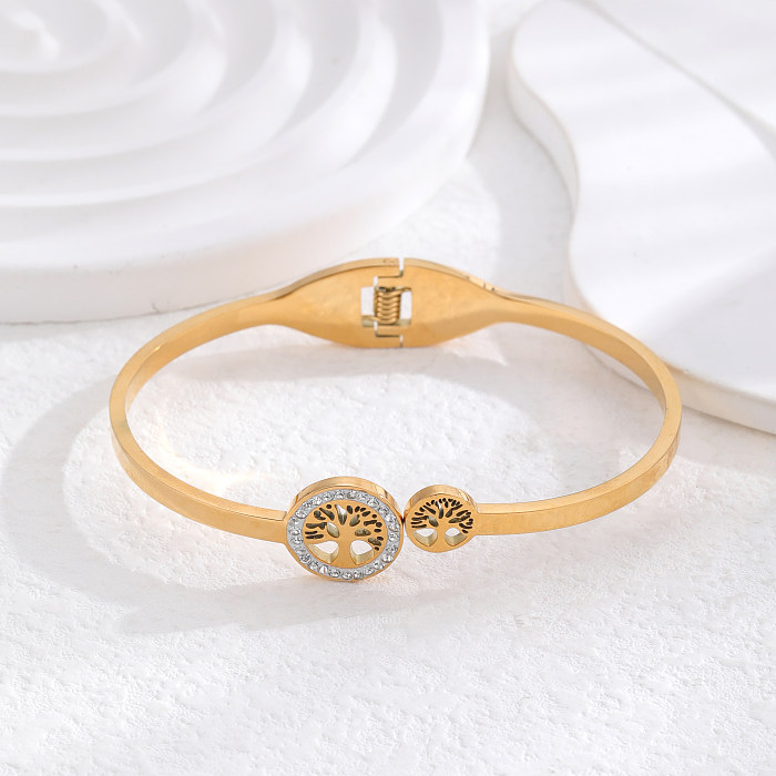 Simple Style Classic Style Tree Titanium Steel Plating Hollow Out Inlay Zircon 24K Gold Plated Bangle
