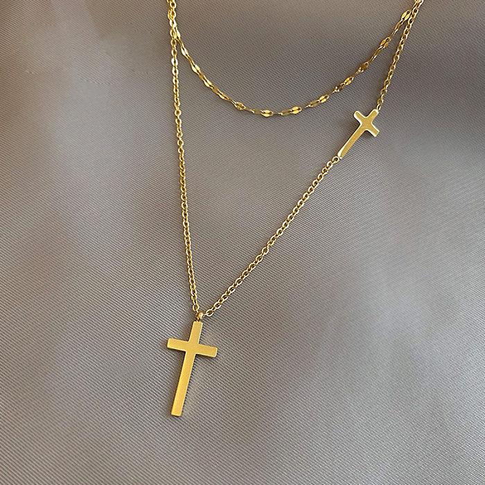 Einfache Streetwear-Kreuz-Halsketten mit Edelstahlbeschichtung, 18 Karat vergoldet, doppellagig