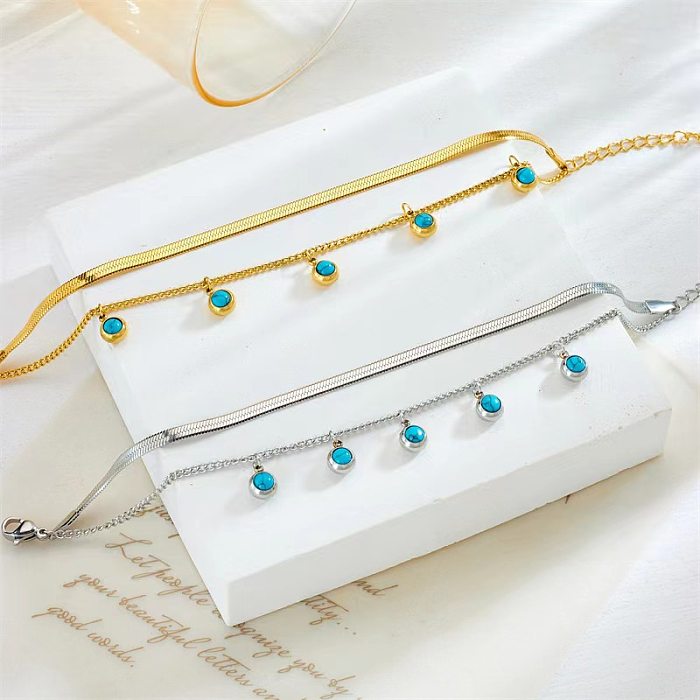 Simple Style Round Titanium Steel Plating Inlay Turquoise 18K Gold Plated Bracelets