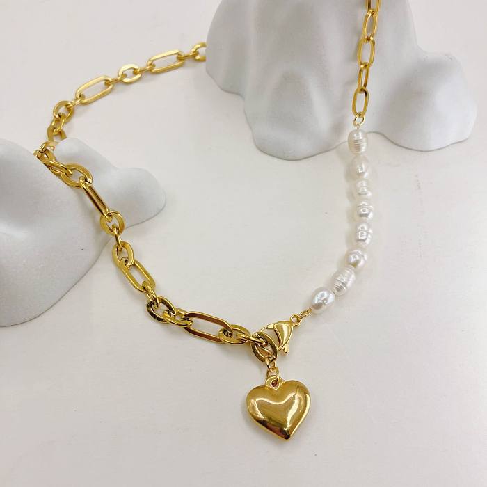 Fashion Heart Shape Stainless Steel  Pearl Plating Pendant Necklace 1 Piece