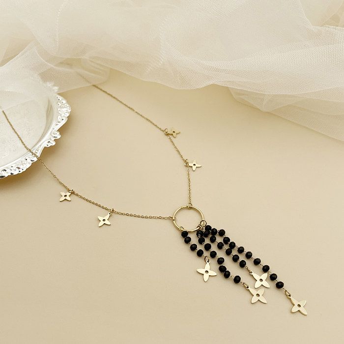 Collier avec pendentif en forme de trèfle à quatre feuilles, Style nordique rétro, en acier inoxydable, plaqué or, perles