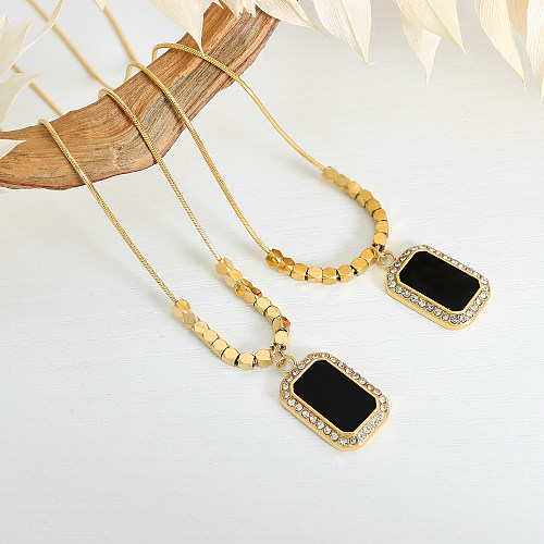 French Style Shiny Rectangle Stainless Steel Plating Inlay Acrylic Artificial Diamond 18K Gold Plated Pendant Necklace