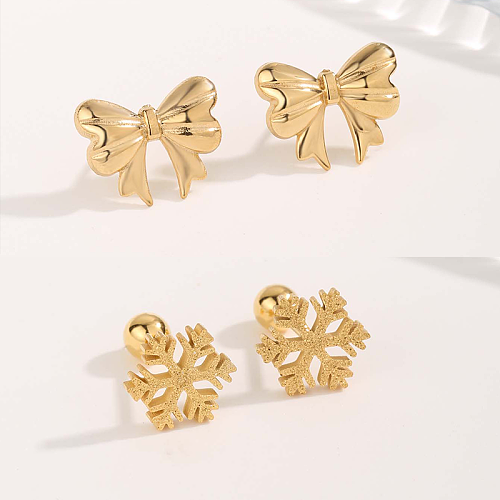 1 Pair Cute Sweet Bow Knot Snowflake Plating Stainless Steel Gold Plated Ear Studs