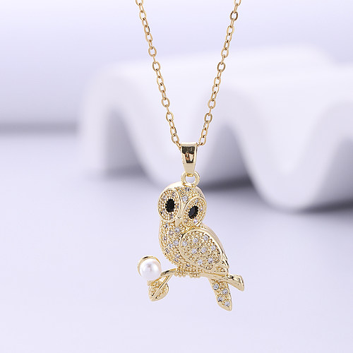 Simple Style Owl Stainless Steel  Plating Inlay Zircon Gold Plated Pendant Necklace