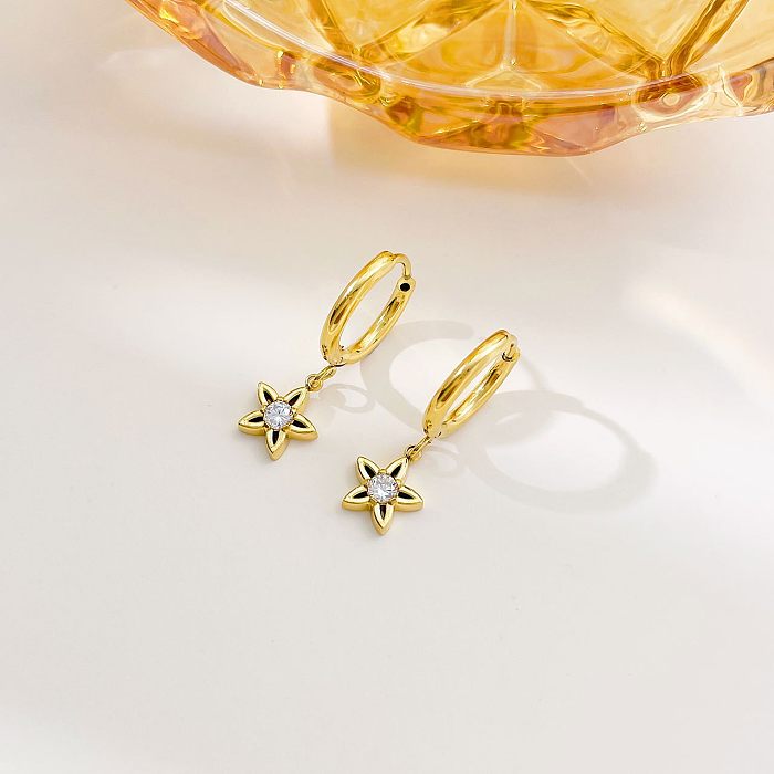 1 par de pendientes colgantes chapados en oro blanco con incrustaciones de flores dulces estilo IG de acero inoxidable con circonita chapada en oro blanco
