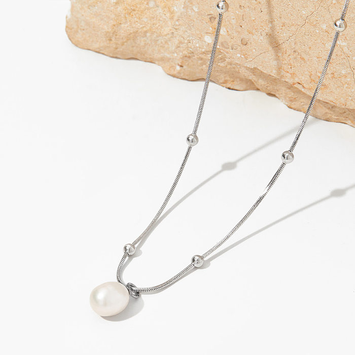 Collier avec pendentif en perles en acier inoxydable, couleur unie, style classique