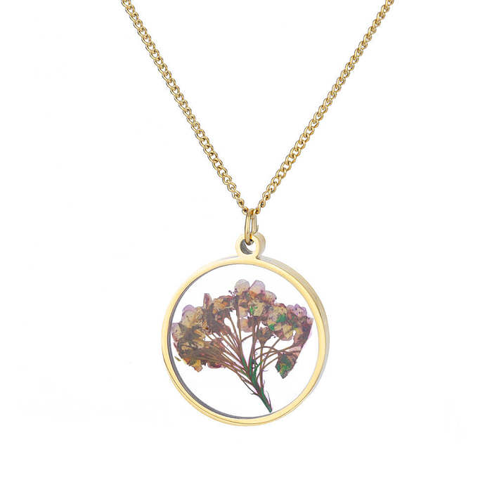 1 Piece Retro Round Flower Stainless Steel  Inlaid Resin Pendant Necklace