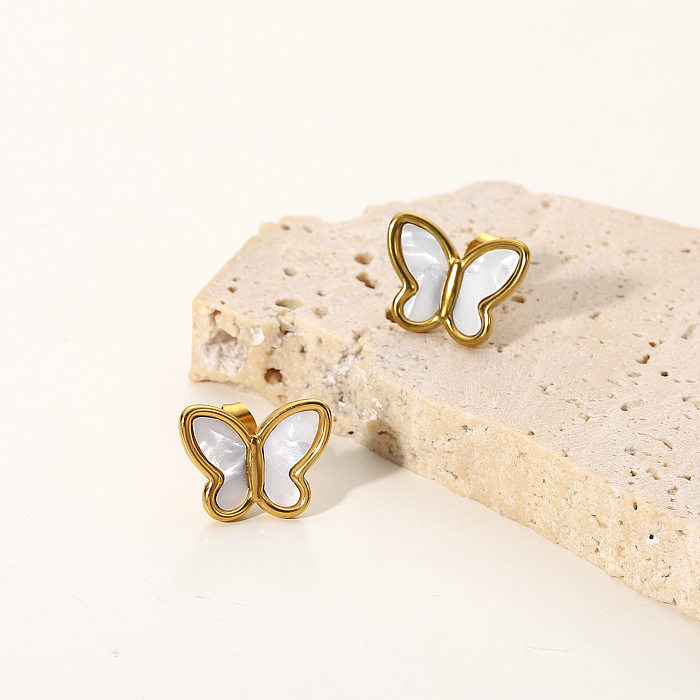 Fashion 18K Gold Natural White Shell Butterfly Shape Stainless Steel  Stud