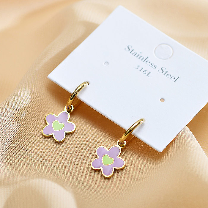 1 Pair Sweet Heart Shape Flower Enamel Plating Stainless Steel  Gold Plated Drop Earrings