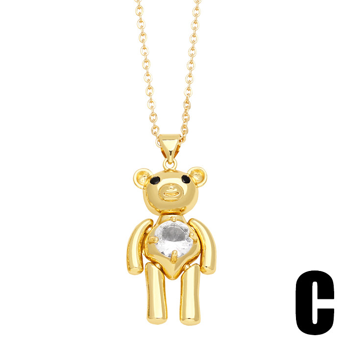 Cute Little Bear Stainless Steel  Copper Inlay Zircon 18K Gold Plated Pendant Necklace