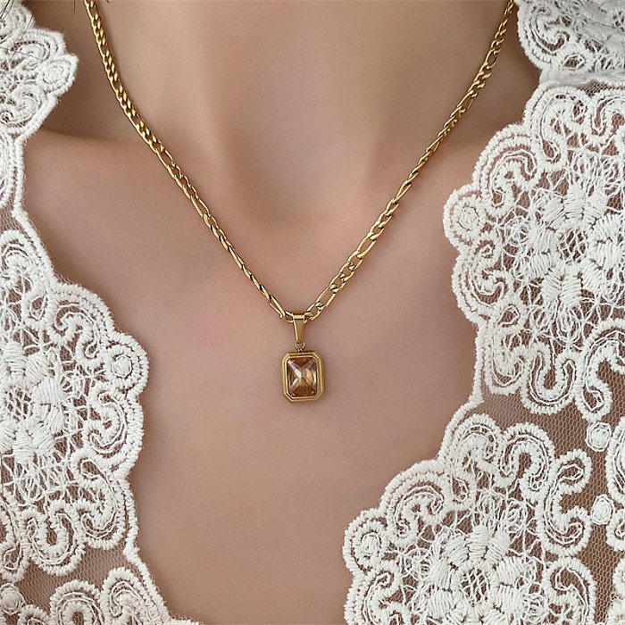 Elegant Basic Lady Square Stainless Steel  Inlay Zircon Pendant Necklace