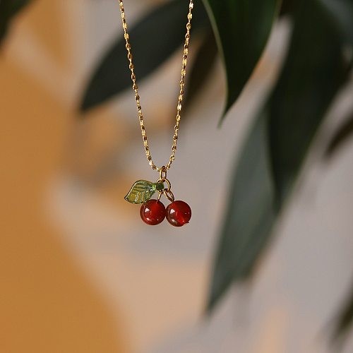 IG Style Sweet Cherry Stainless Steel Plating 18K Gold Plated Pendant Necklace