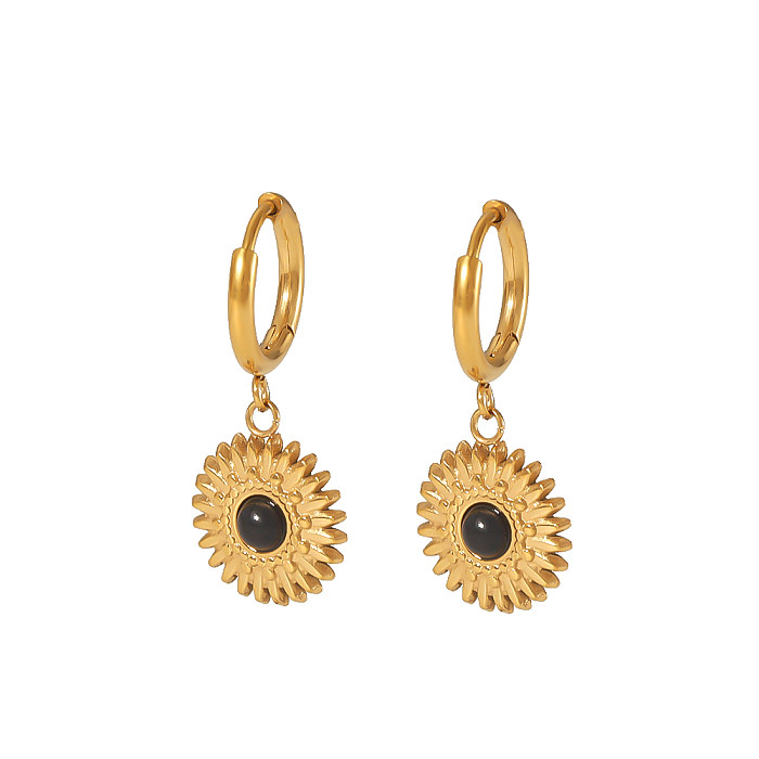 1 Pair Simple Style Sunflower Round Polishing Plating Inlay Stainless Steel  Artificial Gemstones 18K Gold Plated Drop Earrings