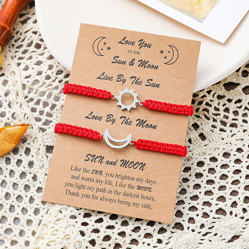 Novo aço inoxidável sol lua corda vermelha trançado pulseira moda cartão tema casal pulseira