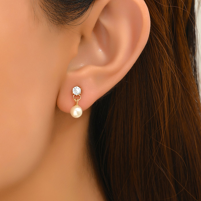1 Pair Casual Sweet Commute Pearl Plating Inlay Stainless Steel  Zircon 18K Gold Plated Drop Earrings