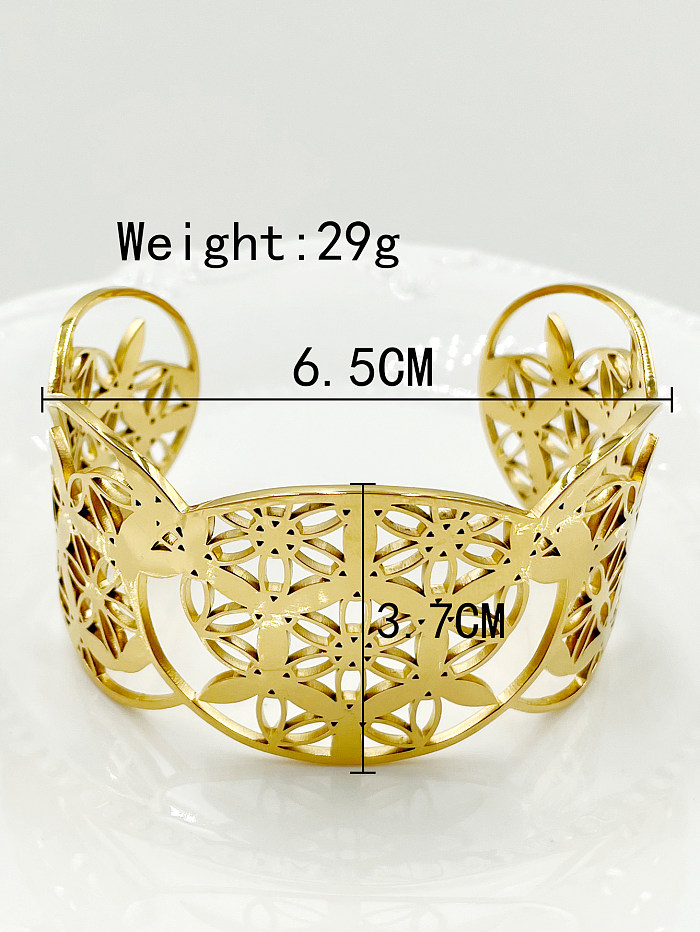 Retro French Style Flower Stainless Steel Plating Hollow Out 14K Gold Plated Bangle