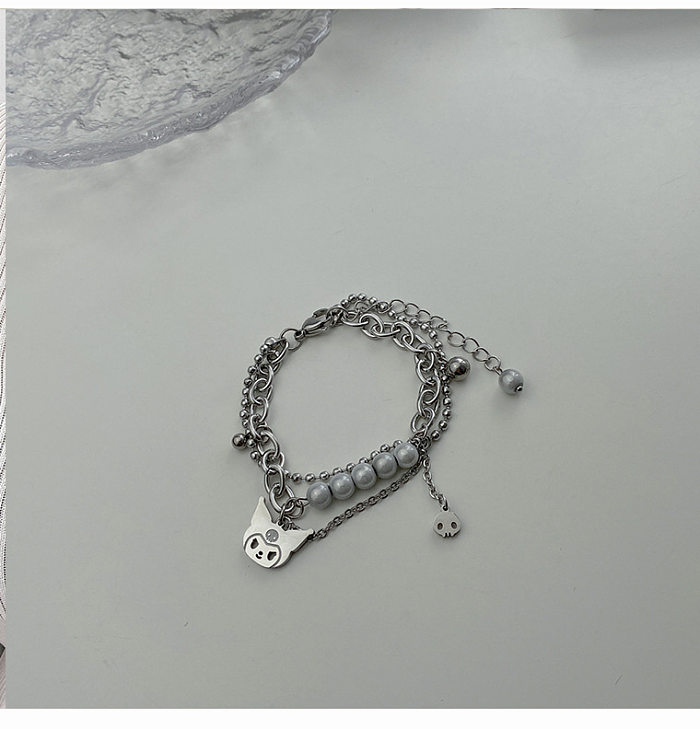 Korean Version Double Layered Monster Bracelet Reflective Pearl Stitching Titanium Steel Bracelet Cute Accessories