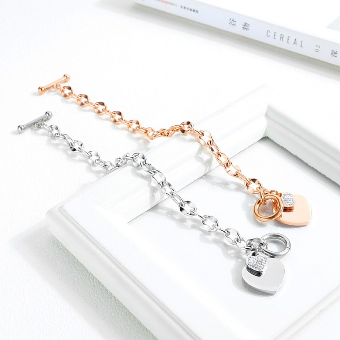 Sweet Heart Shape Stainless Steel Toggle Plating Inlay Rhinestones Rose Gold Plated Gold Plated Bracelets